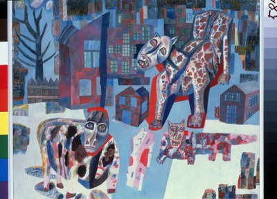 Eläimet (Eläimet). Jättiläiset hirviöt tunkeutuvat kaupungin kaduille. Pavel Nikolajevitš Filonovin (1883-1941) teos, öljy paperille tekijältä Pawel Nikolajewitsch Filonow