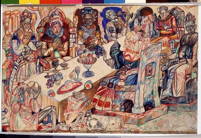 ""Kuninkaiden juhla"" Pavel Nikolajevitš Filonovin (1883-1941) akvarelli ja kynä, noin 1912 Pietarin valtion venäläinen museo tekijältä Pawel Nikolajewitsch Filonow