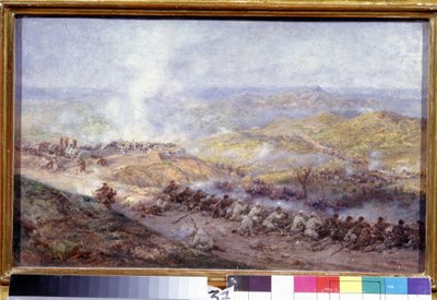 Kohtaus Venäjän Turkin sodasta (1876-1878) (Scene of the Russian Turkish War). Taistelukenttä Balkanilla, jossa Venäjän armeijan ja Ottomaanien valtakunnan sotilaat kohtaavat Plevenin (tai Plevnan, Bulgarian) piirityksen aikana vuonna 1877. Maalaus tekijältä Pavel Osipovich Kovalevsky