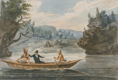 Kaksi intiaania ja valkoinen mies kanootissa, 1811-n. 1813. tekijältä Pavel Petrovic Svin