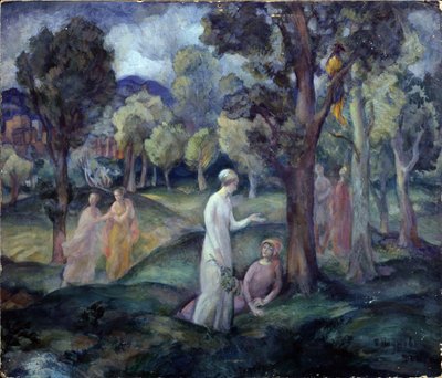 Kävely peltojen läpi. (Kävely kenttien läpi). Vapaa-ajan kohtaus, nuoret naiset puiden välissä kukkuloilla. Pavel Semjonovich Naumovin (1884-1942) työ, öljy pahville tekijältä Pavel Semenovich Naumov