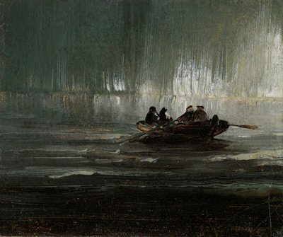 Revontulet neljän miehen yllä soutuveneessä tekijältä Peder Balke