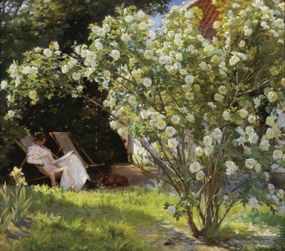 Ruusut. Marie Krøyer istui aurinkotuolissa puutarhassa rouva Bendsenin talon luona tekijältä Peder Severin Krøyer