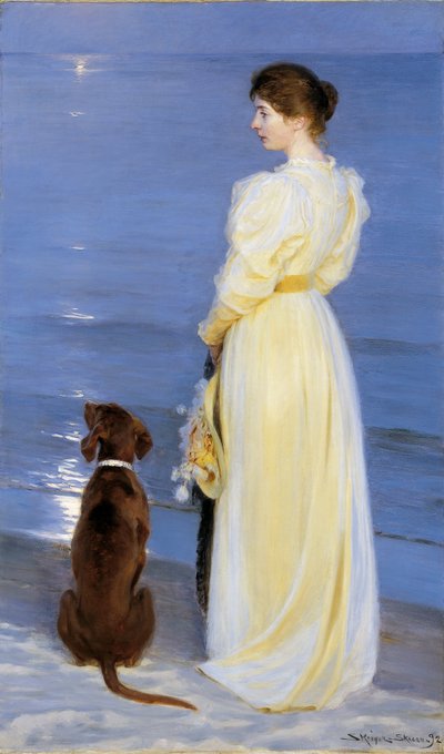 Sommeraften ved Skagen. Kunstnerens hustru med hund ved strandkanten tekijältä Peder Severin Krøyer