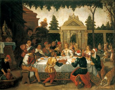 Iisakin ja Rebeccan hääjuhla, Pedro Orrenten koulun taiteilija (1580-noin 1645) tekijältä Pedro (school of) Orrente