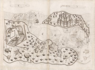 Portugalin suunnitelma Bahrainin saarista, Pedro Barreto de Resenden Livro do Estado da India Oriental, Sloane MS 197, f.165v-166r (kynällä ja tussilla paperille). tekijältä Pedro Barretto de Resende