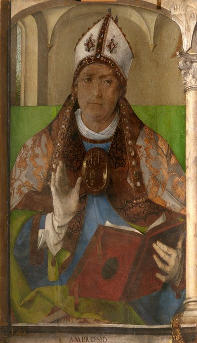 Ambroseus Milano (n. 340-397) - Saint Ambrose, Milanon arkkipiispa Berruguete, Pedro (1450-1503). Öljy puulle, koko: 117x65, n. 1473-1475, Galleria Nazionale delle Marche, Urbino tekijältä Pedro Berruguete