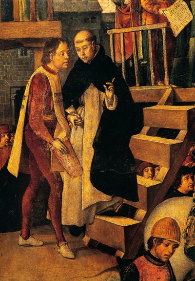 Tuomittu mies menee inkvisitiooikeuteen, yksityiskohta Autodafen johtamasta San Domenico Guzmanista, Pedro Berruguete (noin 1450-noin 1504) tekijältä Pedro Berruguete