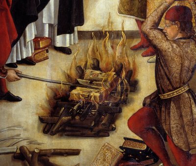 Yksityiskohta ”” Saint Dominique et les Albigeois” (Le Miracle des Fanjeaux): pyhimys antaa albigeoisille kirjan, joka kumoaa heidän harhaoppinsa, ja albigeolaiset yrittävät polttaa sen, tuloksetta. Pedro Berrugueten (1450-1504) maalaus. 1500-luvun aurinko tekijältä Pedro Berruguete