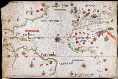 Atlantin valtameren, Välimeren ja Mustanmeren kartta, noin 1535 (pergamentti, paperi). tekijältä Pedro Reinel