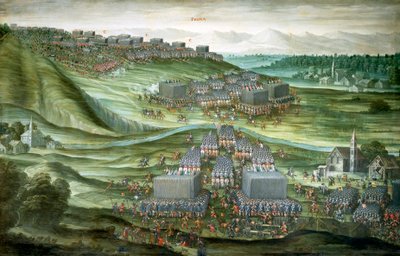 Joukkojen sijoittaminen White Mountainiin White Mountainin taistelun ensimmäisessä vaiheessa 7.-8. marraskuuta 1620, Pieter Snayersin (1592-1667) maalaus, joka on säilynyt Santa Maria della Vittorian kirkossa Roomassa tekijältä Peeter Snayers