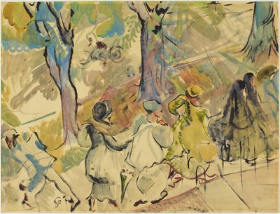 Jarvis Street Sidewalk, n. 1936 (akvarelli, guassi ja öljy paperille) tekijältä Pegi Nicol Macleod