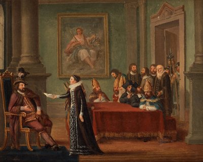 Christine Gyllenstierna (1494-1559) turvallisen käyttäytymisen kirjeellä Tanskan kuningas Christian II:n (1481-1559) edessä - Christina Gyllenstierna Hillestroemin, Pehrin (1732-1816) kirjeellä Christian II:sta. Öljy kankaalle, koko: 42 tekijältä Pehr Hilleström