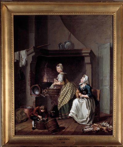 Naiset keittiössä Per Hellstromin (1732-1816) maalaus 1780 Tukholma, Kansallismuseo tekijältä Pehr Hilleström