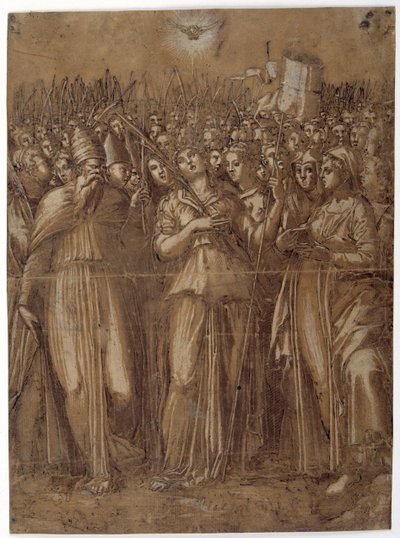 Pyhä Ursula marttyyrikuolemien neitsyiden kanssa (kynä ja ruskea muste, korostettu valkoisella vartalovärillä ruskeaksi pestyllä paperilla) tekijältä Pellegrino (c.1460 1523) Aretusi