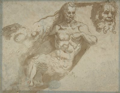 Istuva satyri, suurennettu pää samasta peräsuorasta, naisen pää, 1527-96. tekijältä Pellegrino Tibaldi