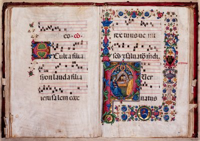 Piccolomini-kirjasto: kuorokirja, turska. 102,8, ff. 47v-48r kanssa "Nativity", kirjoittanut Pellegrino di Mariano. tekijältä Pellegrino di Mariano