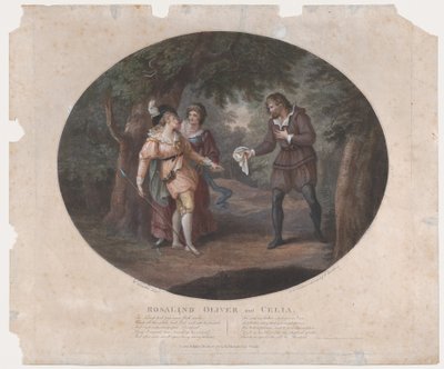 Rosalind, Oliver ja Celia Shakespeare, Kuten pidät, näytös 4, kohtaus 6, 1791, 1791. tekijältä Peltro William Tomkins