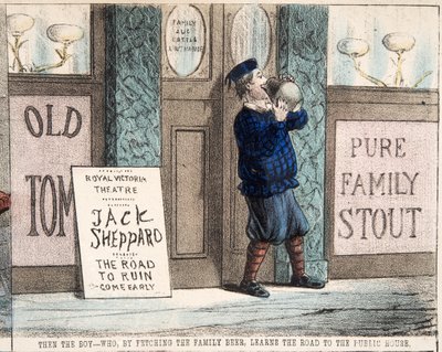 "Poika - joka hakiessaan perheen olutta oppii tien Public House -taloon, pub.c. 1872 (käsinvärinen kaiverrus) tekijältä Percy Cruikshank
