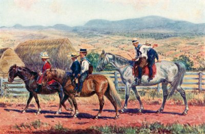 Australialaiset lapset kouluun ratsastamassa (värilitho) tekijältä Percy F.S. (after) Spence