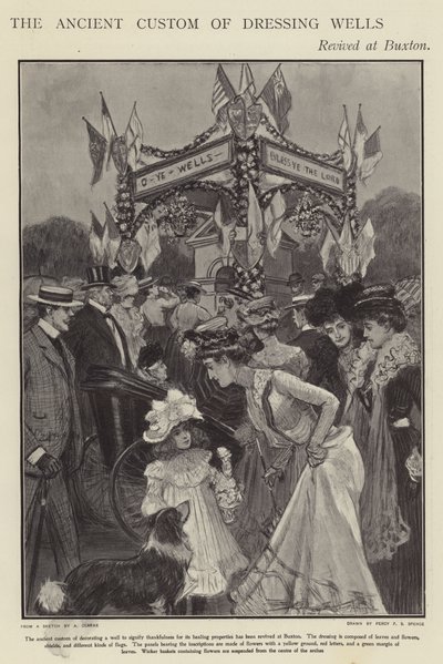 Muinainen tapa pukea kaivoja elvytettiin Buxtonissa, Derbyshiressä (litho) tekijältä Percy F.S. (after) Spence