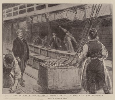 Woolwichin kenttäsairaalan myymälöiden valmisteleminen lähetystä varten tekijältä Percy F.S. Spence