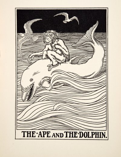 Apina ja delfiini, julkaisusta A Hundred Fables of Aesop, pub.1903 tekijältä Percy J. Billingshurst