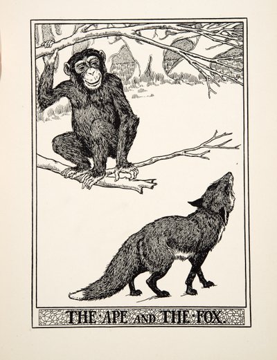 Apina ja kettu, julkaisusta A Hundred Fables of Aesop, pub.1903 (kaiverrus) tekijältä Percy J. Billingshurst