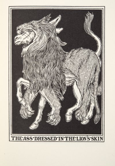 Leijonannahkaan pukeutunut aasi, Fontainen taruista, pub. 1905 tekijältä Percy J. Billingshurst