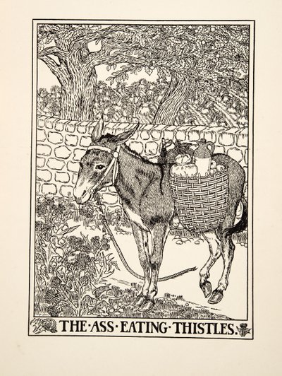 Aasi syö ohdakkeita, julkaisusta A Hundred Fables of Aesop, pub.1903 tekijältä Percy J. Billingshurst