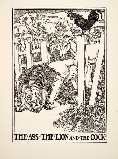 Aasi, leijona ja kukko, julkaisusta A Hundred Fables of Aesop, pub.1903 tekijältä Percy J. Billingshurst