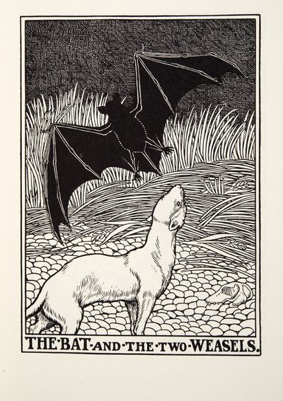 Lepakko ja kaksi näätää, teoksesta Fontaine Fables, pub. 1905 tekijältä Percy J. Billingshurst