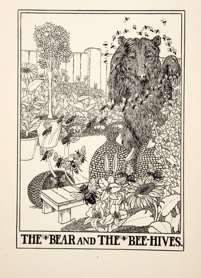 Karhu ja mehiläispesät, teoksesta A Hundred Fables of Aesop, pub.1903 (kaiverrus) tekijältä Percy J. Billingshurst