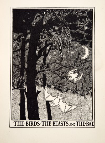 Linnut, pedot ja lepakko, teoksesta A Hundred Fables of Aesop, pub.1903 (kaiverrus) tekijältä Percy J. Billingshurst