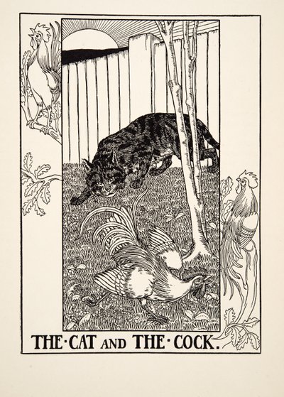 Kissa ja kukko, julkaisusta A Hundred Fables of Aesop, pub.1903 tekijältä Percy J. Billingshurst
