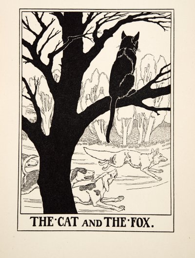 Kissa ja kettu, julkaisusta A Hundred Fables of Aesop, pub.1903 (kaiverrus) tekijältä Percy J. Billingshurst