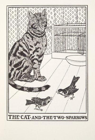 Kissa ja kaksi varpusta, teoksesta Fontainen taruja, pub. 1905 tekijältä Percy J. Billingshurst