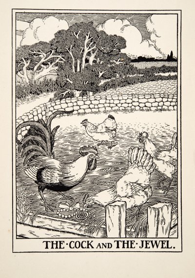 Kukko ja jalokivi, julkaisusta A Hundred Fables of Aesop, pub.1903 tekijältä Percy J. Billingshurst