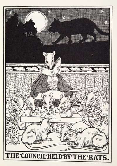 Rottien pitämä neuvosto, Fontaine Fables, pub. 1905 tekijältä Percy J. Billingshurst