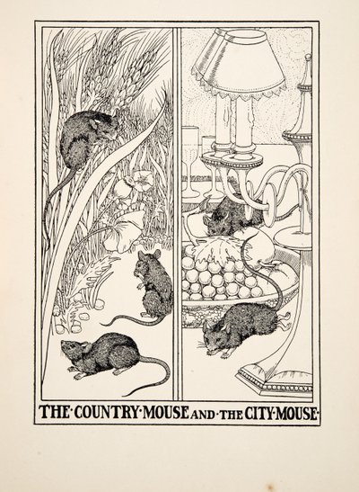 Maalaishiiri ja kaupungin hiiri, julkaisusta A Hundred Fables of Aesop, pub.1903 tekijältä Percy J. Billingshurst