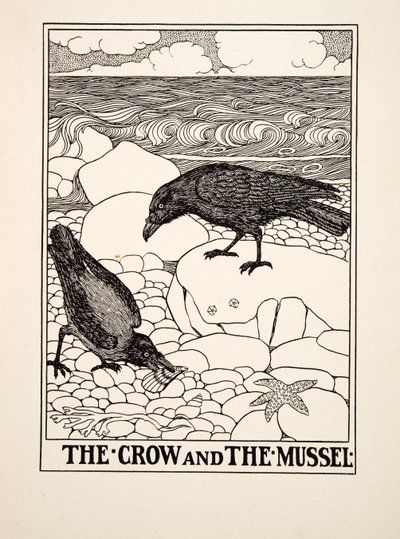 Varis ja simpukka, julkaisusta A Hundred Fables of Aesop, pub.1903 tekijältä Percy J. Billingshurst