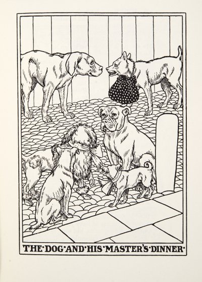 Koira ja hänen isäntänsä päivällinen, Fontainen taruista, pub. 1905 tekijältä Percy J. Billingshurst
