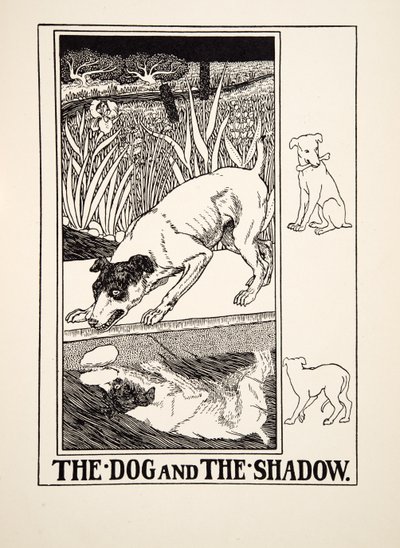 Koira ja varjo, julkaisusta A Hundred Fables of Aesop, pub.1903 tekijältä Percy J. Billingshurst