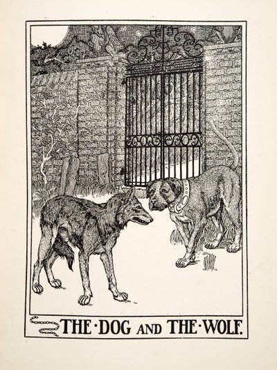 Koira ja susi, julkaisusta A Hundred Fables of Aesop, pub.1903 (kaiverrus) tekijältä Percy J. Billingshurst