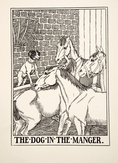 Koira seimessä, julkaisusta A Hundred Fables of Aesop, pub.1903 tekijältä Percy J. Billingshurst
