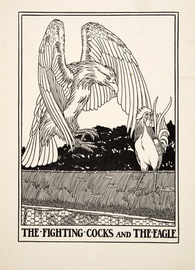 The Fighting Cocks and the Eagle, sarjasta A Hundred Fables of Aesop, pub.1903 tekijältä Percy J. Billingshurst