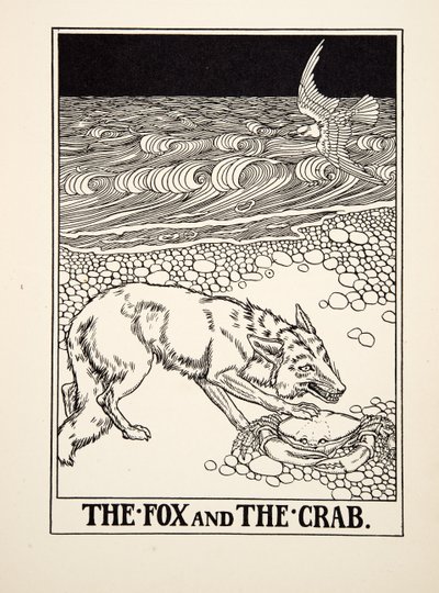 Kettu ja rapu, julkaisusta A Hundred Fables of Aesop, pub.1903 (kaiverrus) tekijältä Percy J. Billingshurst