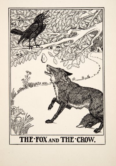 Kettu ja varis, julkaisusta A Hundred Fables of Aesop, pub.1903 tekijältä Percy J. Billingshurst