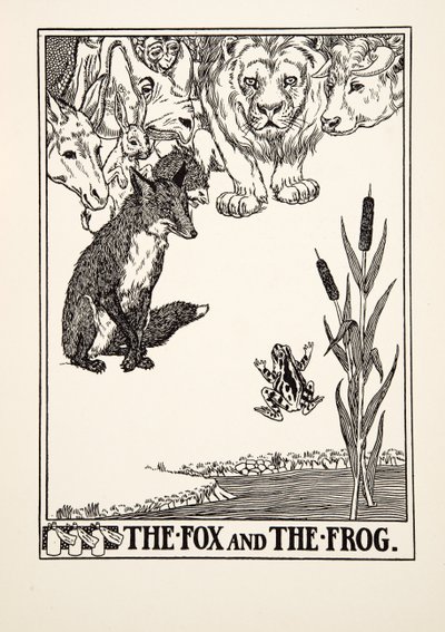 Kettu ja sammakko, julkaisusta A Hundred Fables of Aesop, pub.1903 (kaiverrus) tekijältä Percy J. Billingshurst