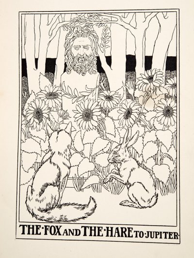 Kettu ja jänis Jupiteriin, teoksesta A Hundred Fables of Aesop, pub.1903 tekijältä Percy J. Billingshurst